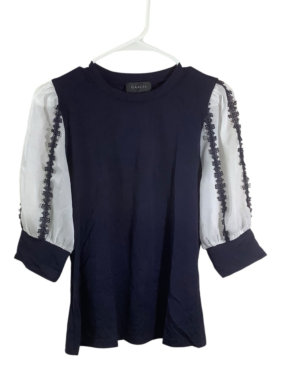 Gracia Navy Knit Top with White Sheer Puff Sleeves